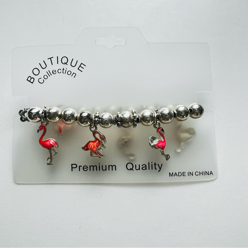 Hand Crafted Silver Flamingo Charm Stretch Bracelet